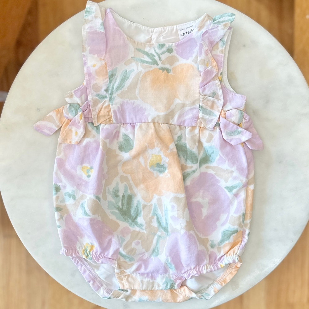 ❤️ 4/$20 6m Carters Floral All Over Side Tie Bow Bubble romper Pastel